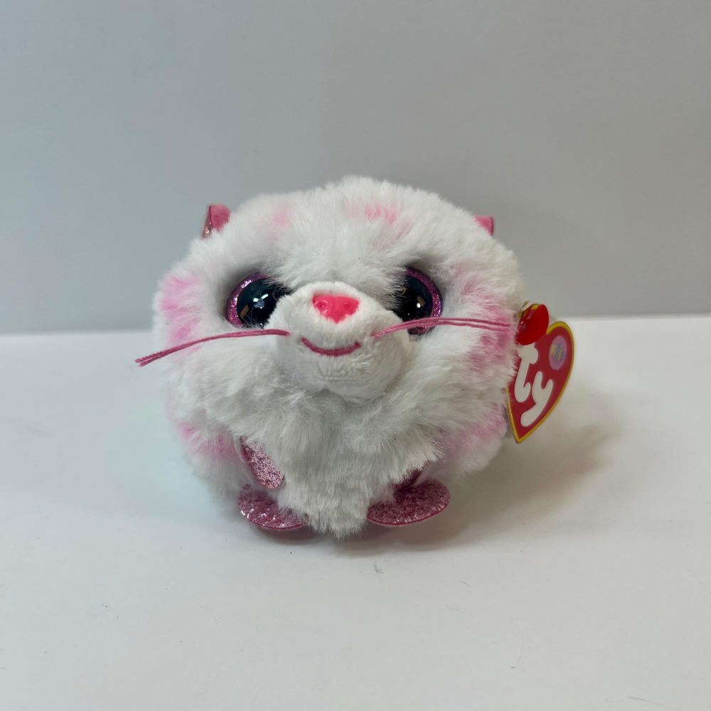 Ty Puffies Tabor White Pink Tiger Round Plush Weighted 3 inch 42524 NEW